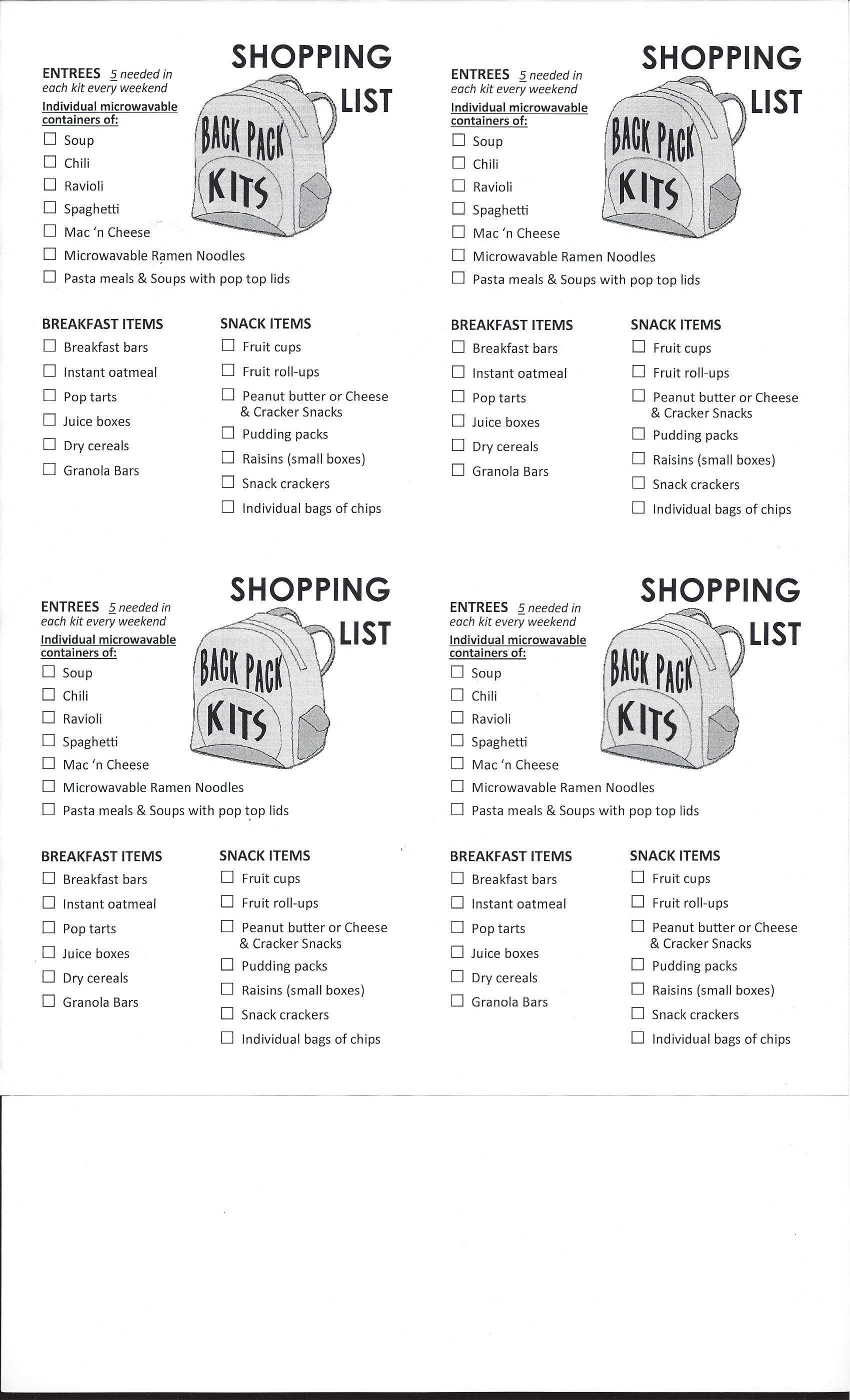Back Pack Shopping List